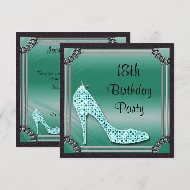 Elegant Silver Framed Teal Stiletto 18th Birthday Invitation (Front/Back)