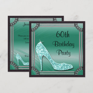 Elegant Silver Framed Teal Stiletto 60th Birthday Invitation