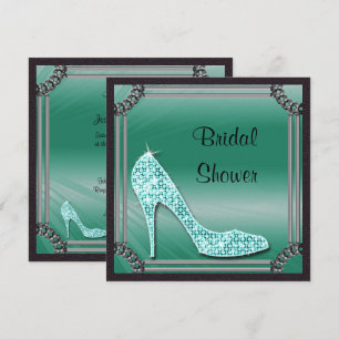 Elegant Silver Framed Teal Stiletto Bridal Shower Invitation