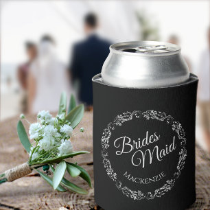 Elegant Silver Frills on Black Bridesmaid Wedding Can Cooler