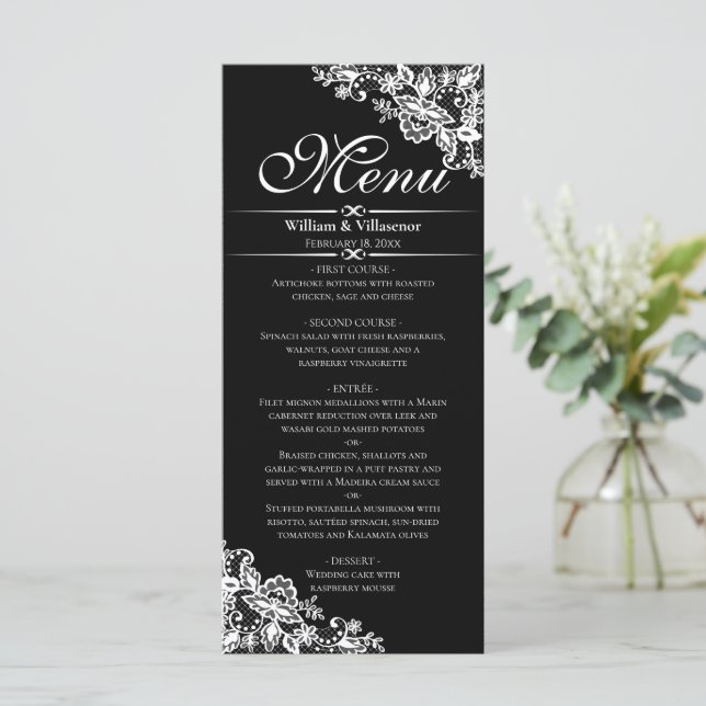 Elegant Silver Frills on Black Menu (Standing Front)