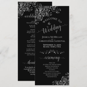 Elegant Silver Frills on Black Simple Wedding Programme