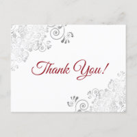 Elegant Silver Frills Red Script Wedding Thank You