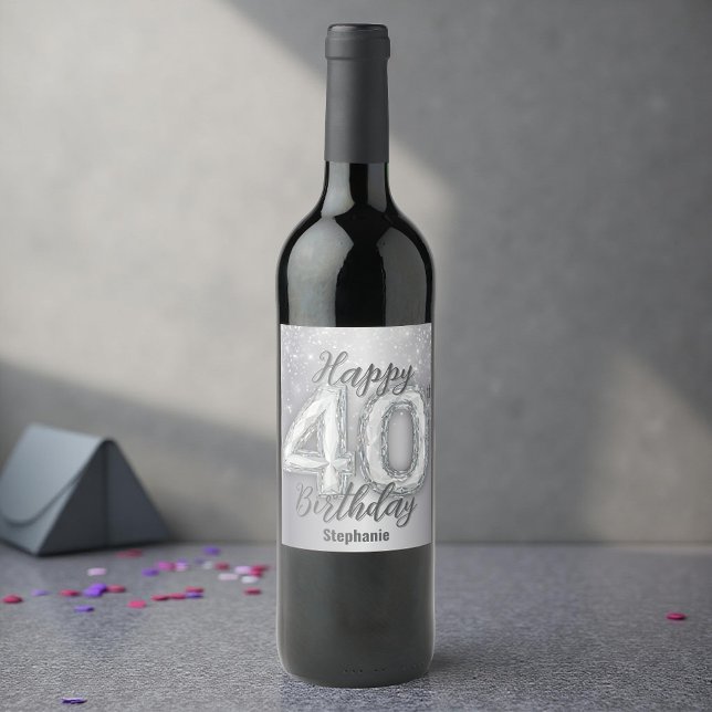 Elegant Silver Gemstone 40th Birthday Celebration Wine Label (Creator Uploaded)