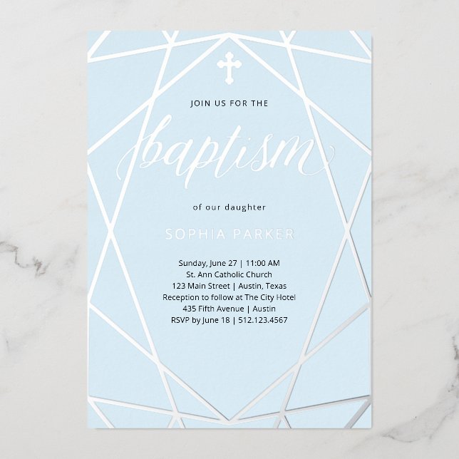 Elegant Silver Geometric on Light Blue | Baptism (Front)