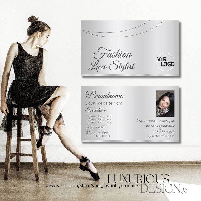 Elegant Silver Glamourous with Logo and Photo Business Card (Creator Uploaded)