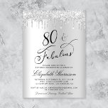 Elegant Silver Glitter 80th Birthday Party Invitation<br><div class="desc">Elegant 80th birthday party invitation with "80 & Fabulous" in a chic script,  a silver faux foil background and silver faux glitter drips. Easily personalise the year,  her name and the party details.</div>