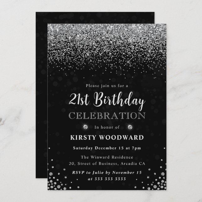 Elegant Silver Glitter and Diamonds 21st Birthday Invitation (Front/Back)
