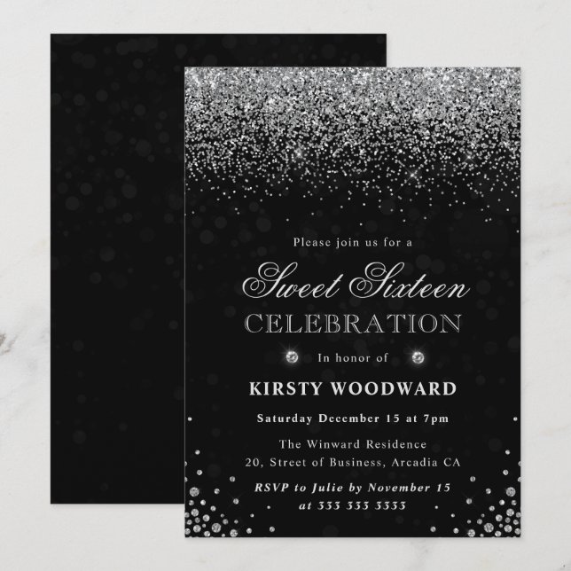 Elegant Silver Glitter and Diamonds Sweet Sixteen Invitation (Front/Back)