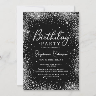 Elegant Silver Glitter Black 40th Birthday  Invitation