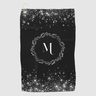 Elegant Silver Glitter Black Monogram  Golf Towel