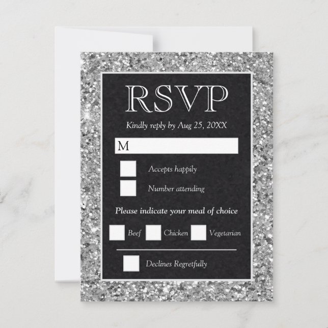 Elegant Silver Glitter Black Wedding RSVP Card (Front)