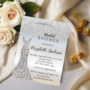 Elegant Silver Glitter Bokeh , Dress Bridal Shower Invitation