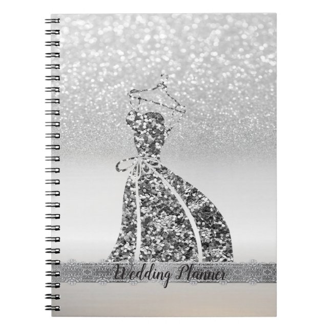 Elegant Silver Glitter Bokeh, Dress, Lace Notebook (Front)
