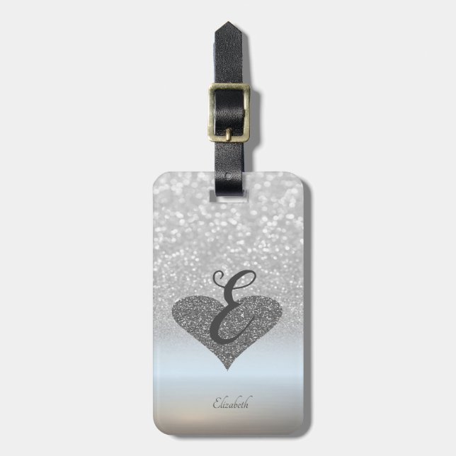 Elegant Silver Glitter Bokeh, Heart, Monogram Luggage Tag (Front Vertical)