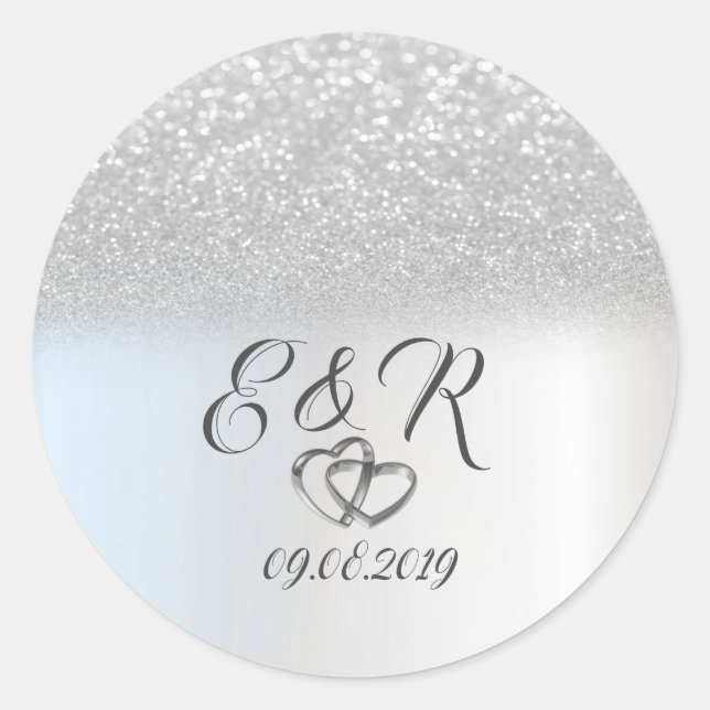 Elegant Silver Glitter Bokeh,Hearts  Wedding Classic Round Sticker (Front)