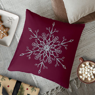 Elegant Silver Glitter Burgundy Snowflake Holiday Cushion