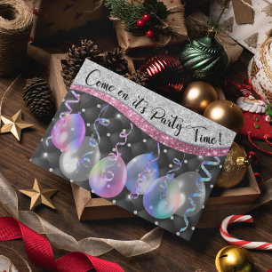 Elegant silver glitter Christmas party balloons Postcard