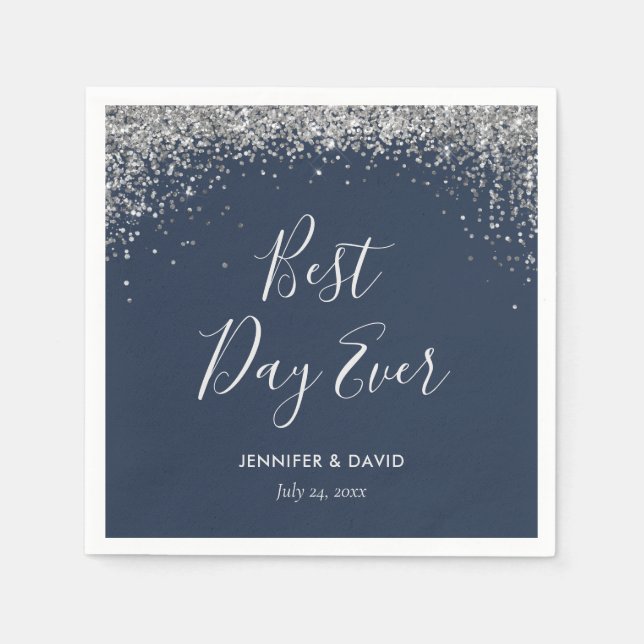 Elegant Silver Glitter Confetti Navy Blue Wedding  Napkin (Front)