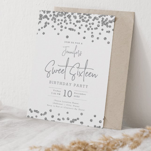 Elegant Silver Glitter Confetti Sweet 16 Party Invitation (Creator Uploaded)