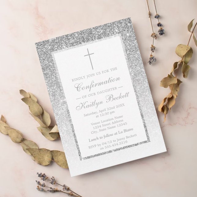 Elegant Silver Glitter Confirmation Or Christening Invitation (Creator Uploaded)