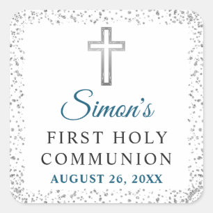 Elegant Silver Glitter Cross First Holy Communion Square Sticker
