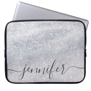 Elegant Silver Glitter Custom Name Laptop Sleeve
