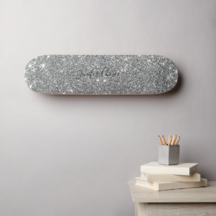 Elegant SILVER Glitter Custom Name  Skateboard