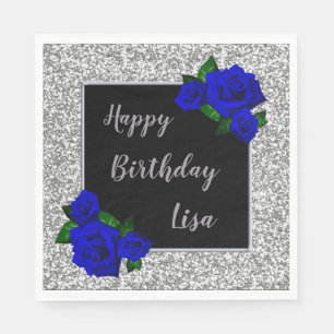 Elegant Silver Glitter Deep Blue Roses Birthday Napkin