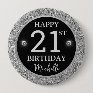 Elegant Silver Glitter Diamonds Birthday 10 Cm Round Badge