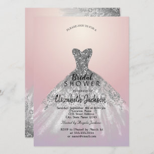Elegant Silver Glitter Dress,Pink Bridal Shower Invitation