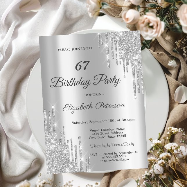 Elegant Silver Glitter Drips Birthday Party Invitation (Creator Uploaded)