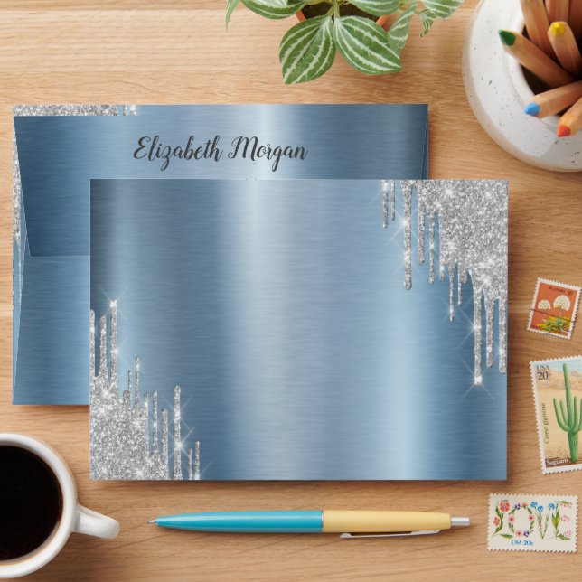 Elegant Silver Glitter Drips Blue Envelope (Desk)