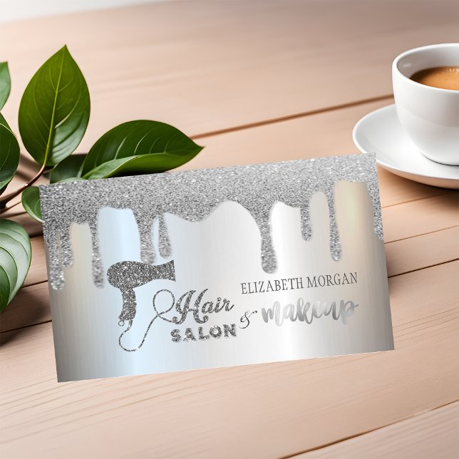 Elegant Silver  Glitter Drips Hair Salon,Makeup Business Card (Creator Uploaded)