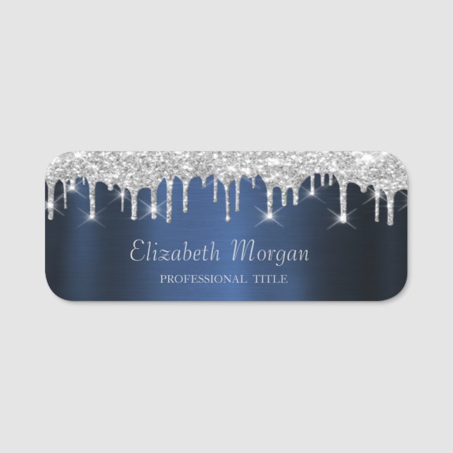 Elegant Silver Glitter Drips Navy Blue Name Tag (Front)