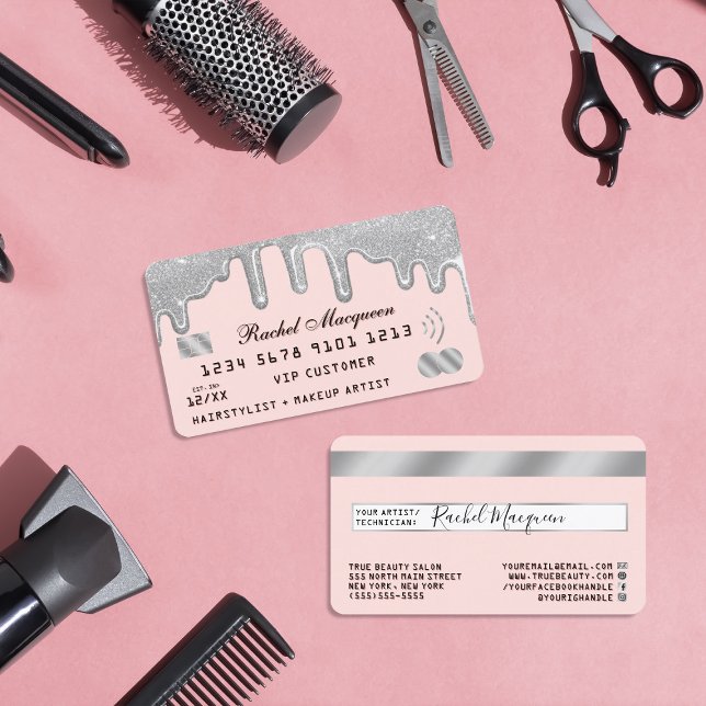 Elegant Silver Glitter Drips Pink Credit Business Card (Creator Uploaded)