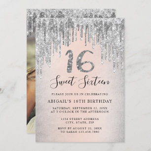 Elegant silver glitter drips sweet sixteen photo  invitation
