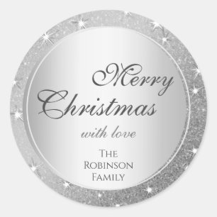 Elegant Silver Glitter Effect Modern Christmas Classic Round Sticker