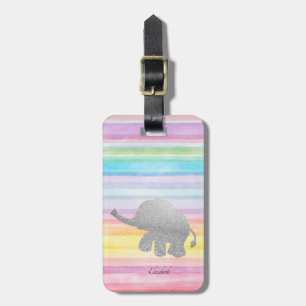 Elegant Silver Glitter Elephant Watercolor Stripes Luggage Tag