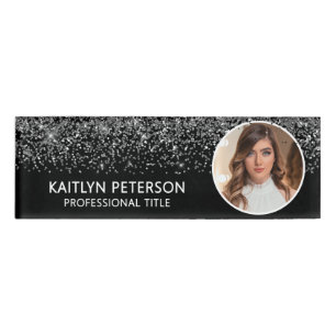 Elegant Silver Glitter Employee Photo ID Black Name Tag