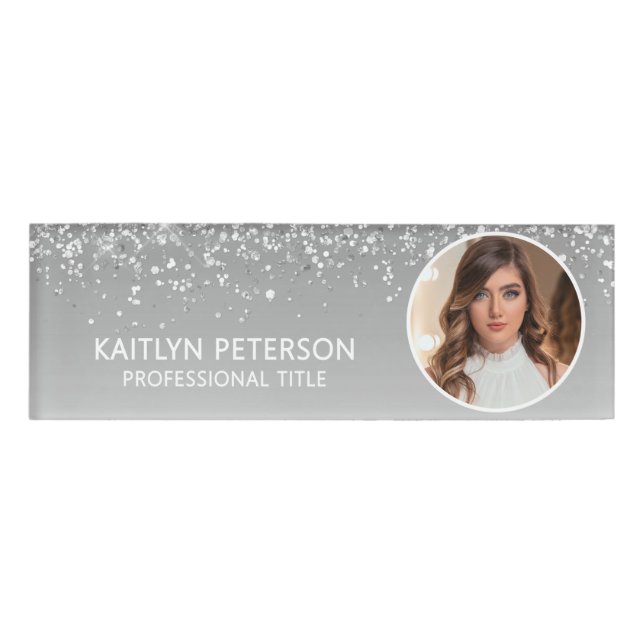 Elegant Silver Glitter Employee Photo ID Name Tag (Front)