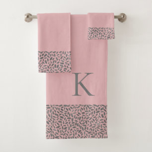Elegant Silver Glitter Feathers on Pink Monogram Bath Towel Set