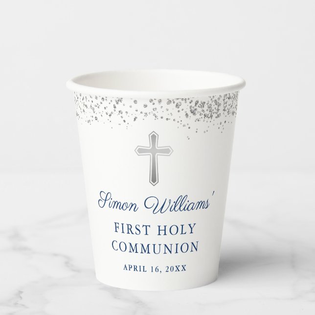 Elegant Silver Glitter First Holy Communion Paper Cups (Front)