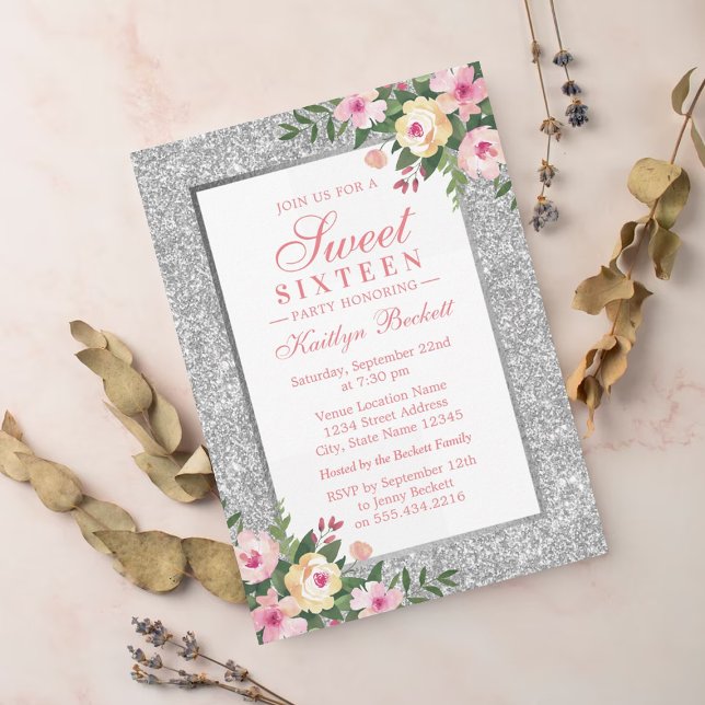 Elegant Silver Glitter Floral Sweet 16 Birthday Invitation (Creator Uploaded)