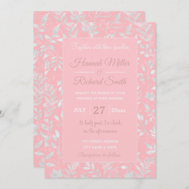 Elegant Silver Glitter Foliage Pink Design Invitation (Front/Back)