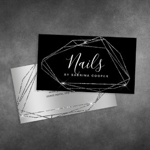 Elegant silver glitter frame nails business card