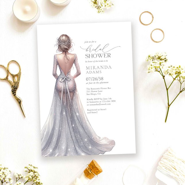 Elegant Silver Glitter Gown Bridal Shower Invitation (Creator Uploaded)