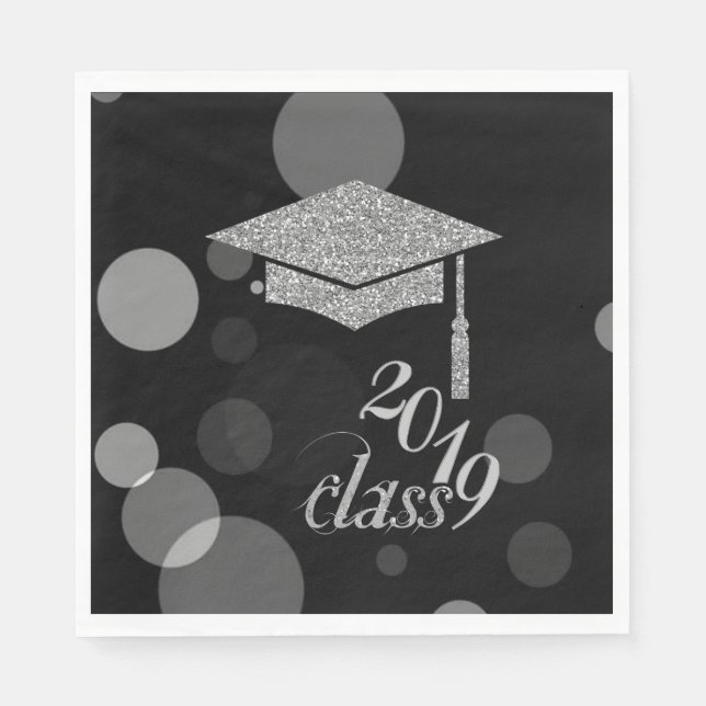 Elegant Silver Glitter Graduation Cap, Class 2019 Napkin (Front)