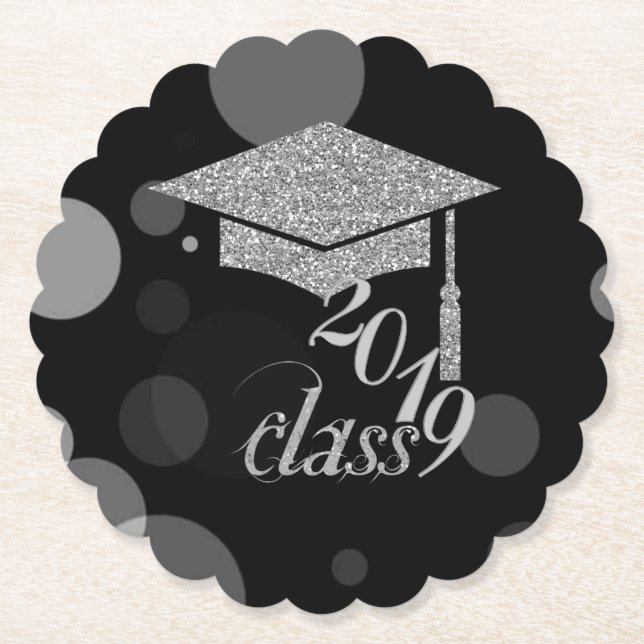 Elegant Silver Glitter Graduation Cap, Class 2019 Paper Coaster (Front)