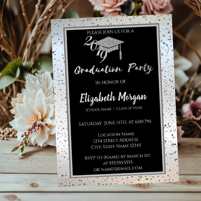 Elegant Silver  Glitter Graduation Cap,Confetti Invitation (Creator Uploaded)